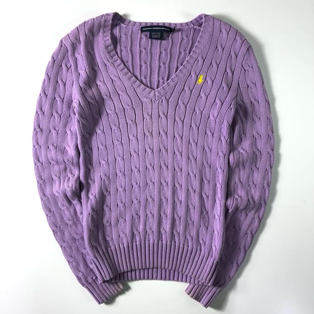 Polo  랄프로렌 자수 코튼 라벤더 꽈배기 브이넥 니트 