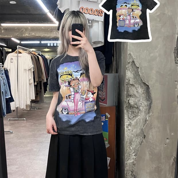 자라 베티붑 프린팅 반팔 티셔츠 차콜 S  #csz3871