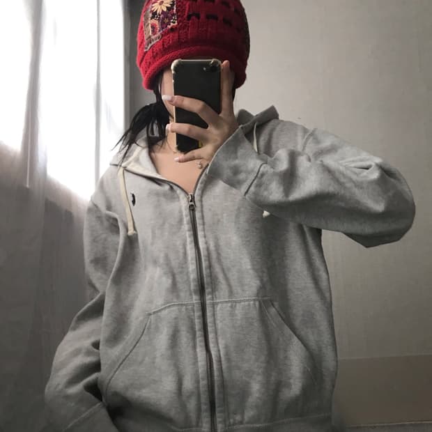 폴로 그레이 코튼 후드집업