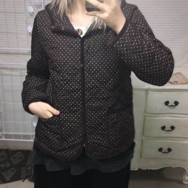 jpn vintage 브라운 도트 후드 포켓 경량 패딩 