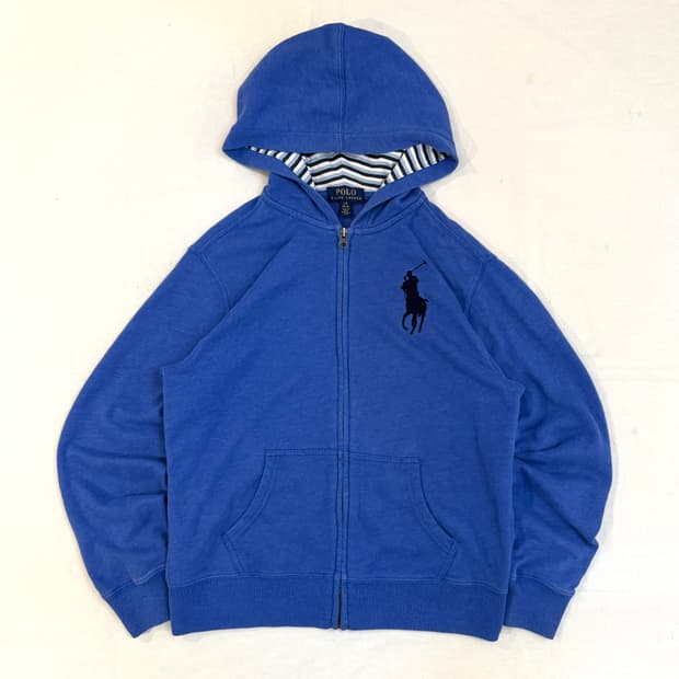 폴로 랄프로렌 딱붙핏 빅포니 체크 후드집업 블루