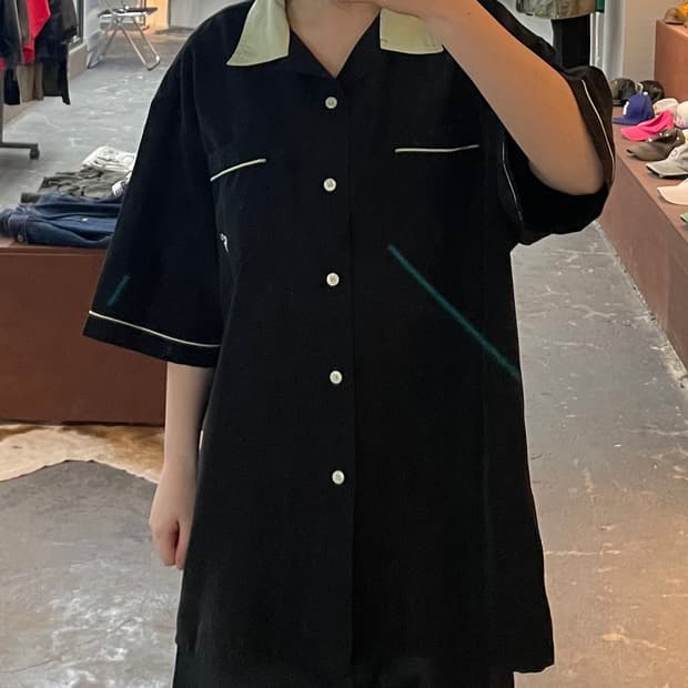 빈티지 폴리 배색 볼링 하프 셔츠 H2120