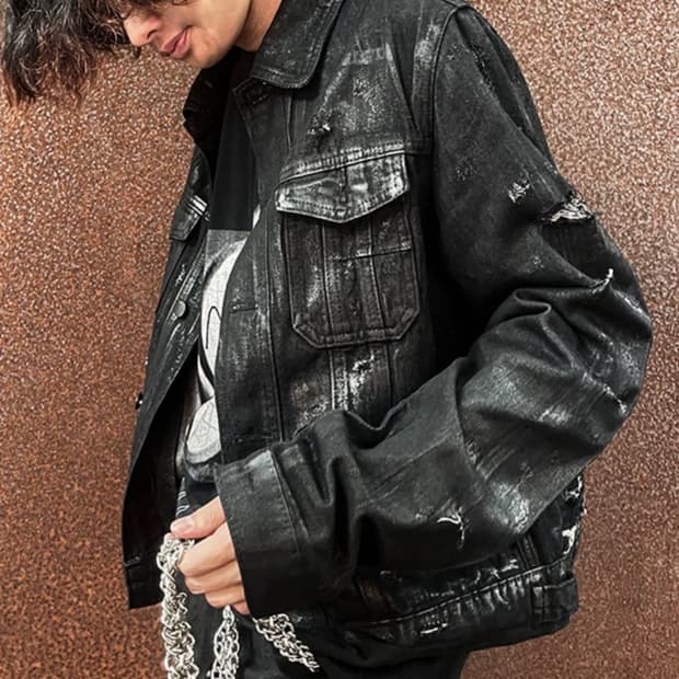 워싱 디스트로이드 블랙 데님 자켓