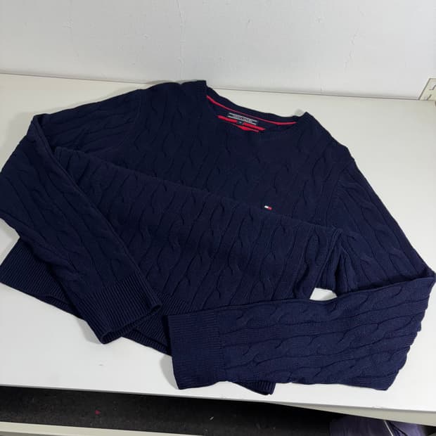 M 타미힐피거 네이비 기본로고 루즈핏 울 꽈배기니트