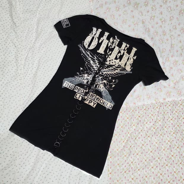 M.K.R 펑크 날개 프린팅 셔링 링 패치 펑크 딱붙 반팔 mkr