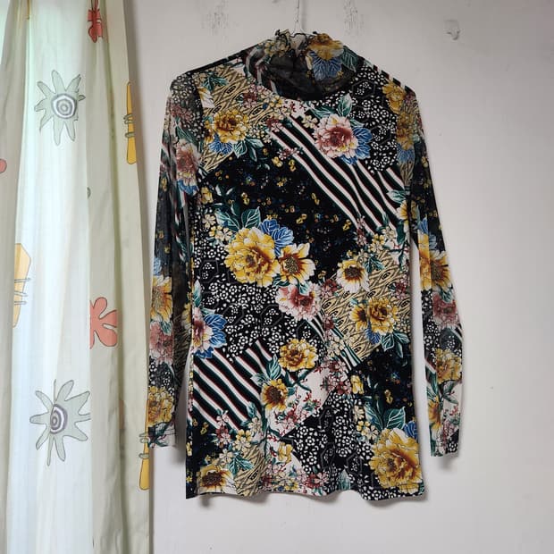 빈티지 플라워 패턴 소매 시스루 블라우스55~66