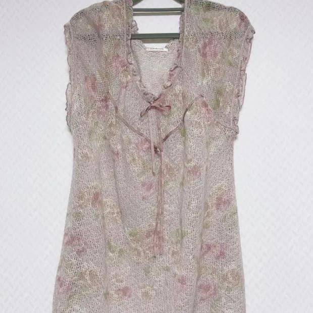 빈티지 발레코어 모리걸 플로럴 리본 핑크 반팔 니트