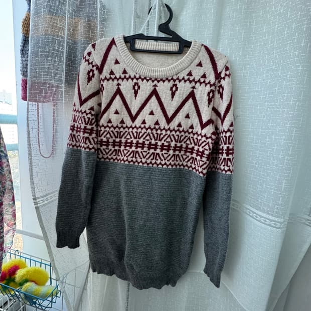 빈티지스타일 아이보리 그레이 배색 롱 니트티셔츠 미니원피스