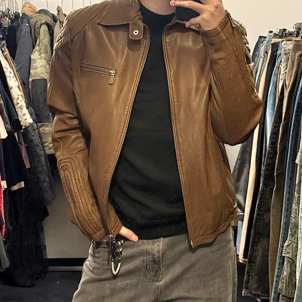 베르사체 컬렉션 바이커 라이더 브라운 갈색 카멜 양가죽 가죽 레더 자켓 