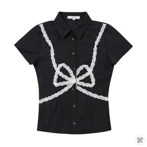 시오 리본 디테일 숏 슬리브 셔츠 블랙