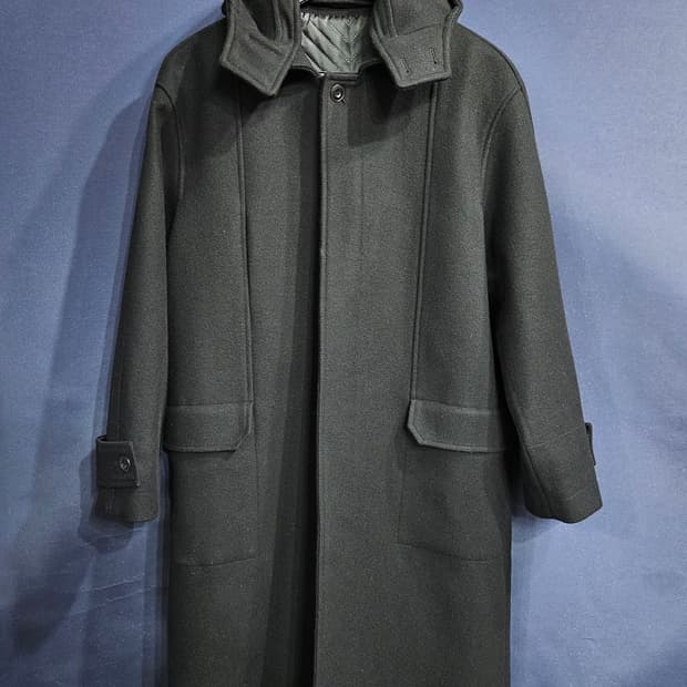 엘무드 블랙 남성 세미오버핏 100 후드 롱코트 