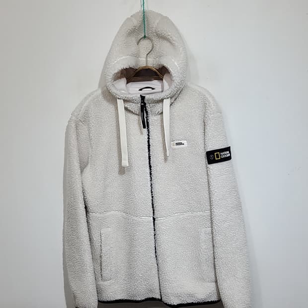 (L) 내셔널지오그래픽 플리스 점퍼 아이보리 뽀글이 와펜 후리스 자켓 