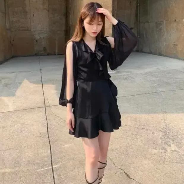 라뇨 체리퀴리 쉬폰 프릴 랩 원피스 1사이즈