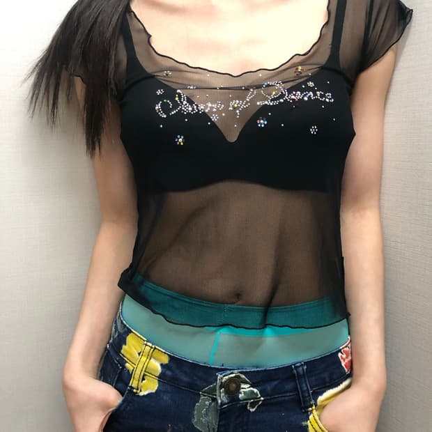 빈티지 블랙 시스루 글리터 탑