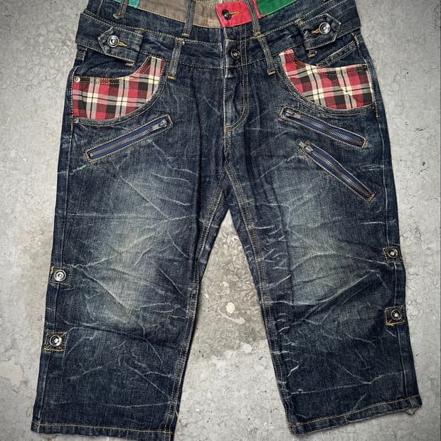 Double Belt Patchwork Denim Shorts  