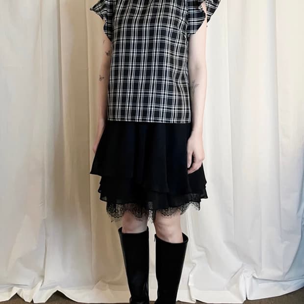 Check Ruffle Blouse - Black