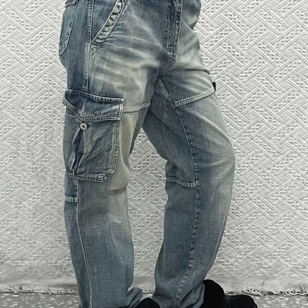 빈티지 올드스쿨 Y2K 워싱 와이드 카고 데님팬츠 30인치 C06671