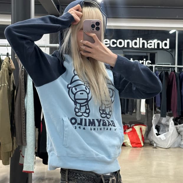 베이프 베이비 커플 마일로 라글란 후드 티셔츠