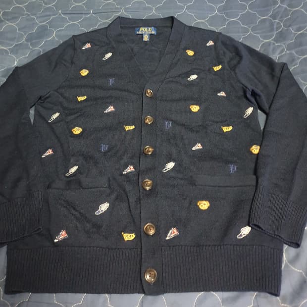 폴로랄프로렌 키즈&딱붙핏 브이넥 울100% 포켓 가디건 네이비 (XS)