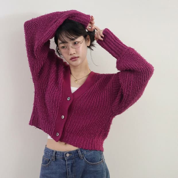 쉬이즈큐트 플러피 가디건 플럼 1번 착용