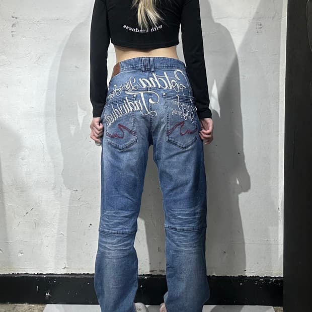 갓차 중청 새깅 자수 힙합 청바지 캣워싱 올드스쿨 데님 팬츠 XL