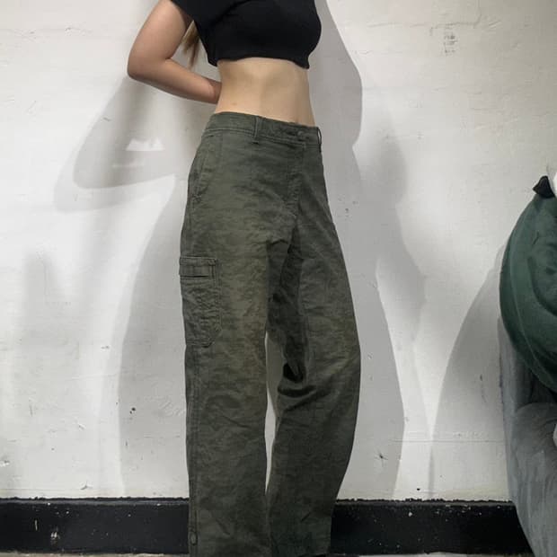 빈티지 카키 와이드 밀리터리 카모 카고 팬츠 
