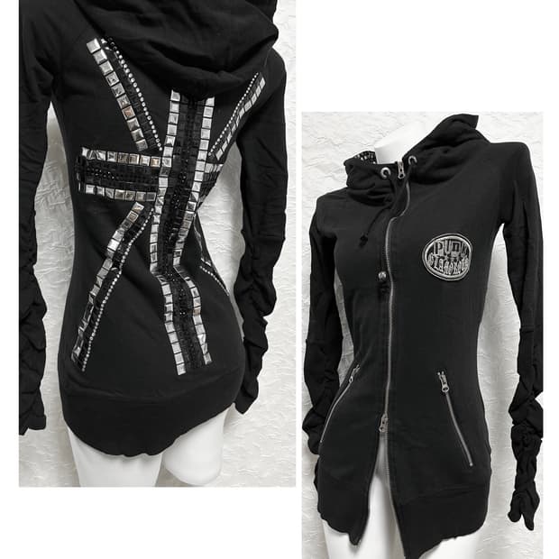 빈티지 d.i.a 다이아 갸루 펑크 유니언잭 스터드 후드 집업