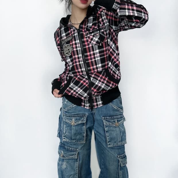 일본빈티지 핑크체크 투웨이 후드집업