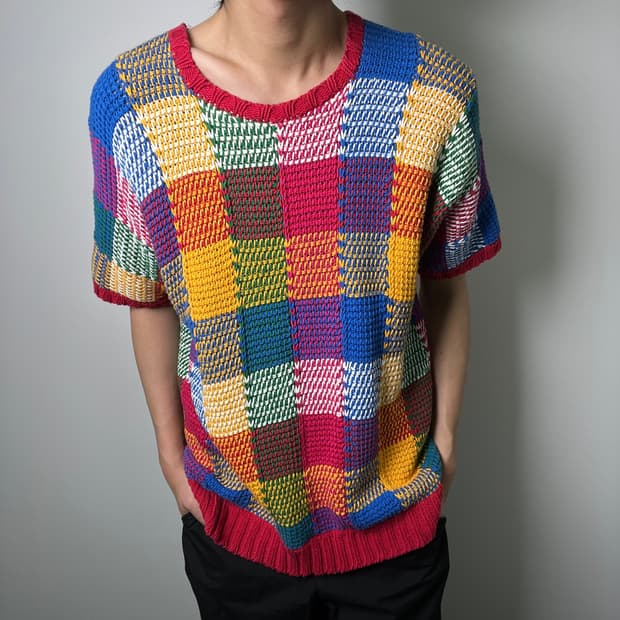 이세이미야케 맨즈 패치워크 체크 반팔 니트 XL