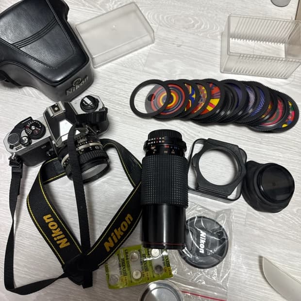 Nikon fm2 필름카메라 바디, 케이스, cimko 망원렌즈 풀세트
