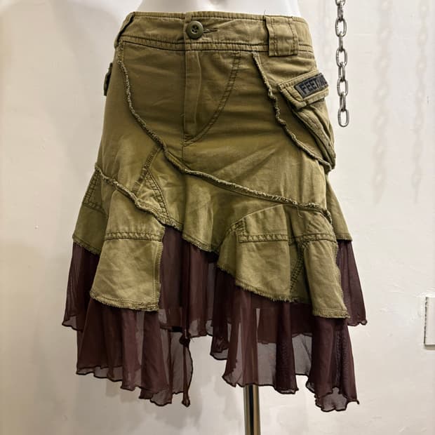 언발란스 절개 패치워크 레이어드 카키 스커트