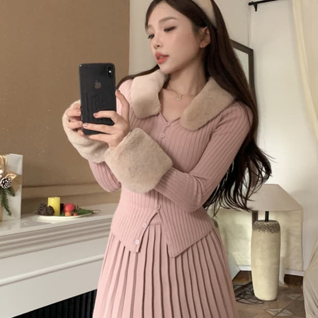 히메갸루 딸기우유 퍼 니트 스커트 세트