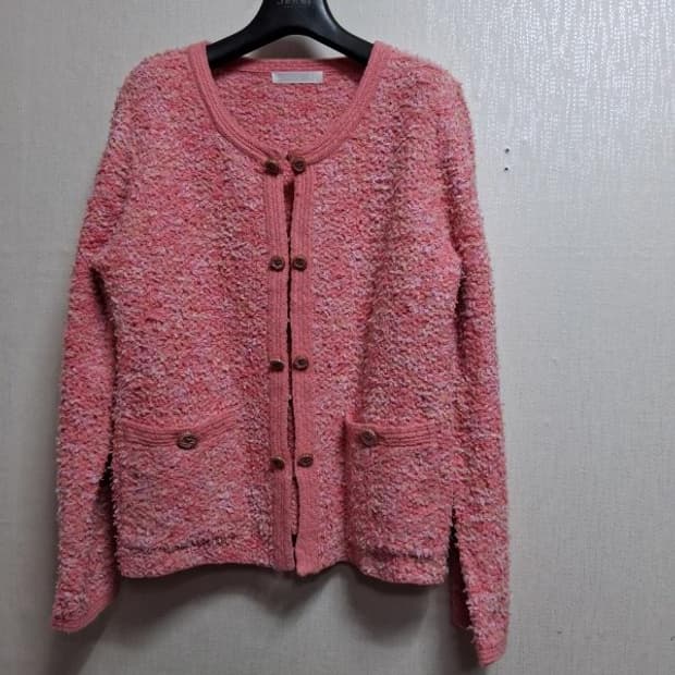 일본빈티지 DoCLASSE  테이프사배색 핑크 뜨게 트위드니트가디건 77