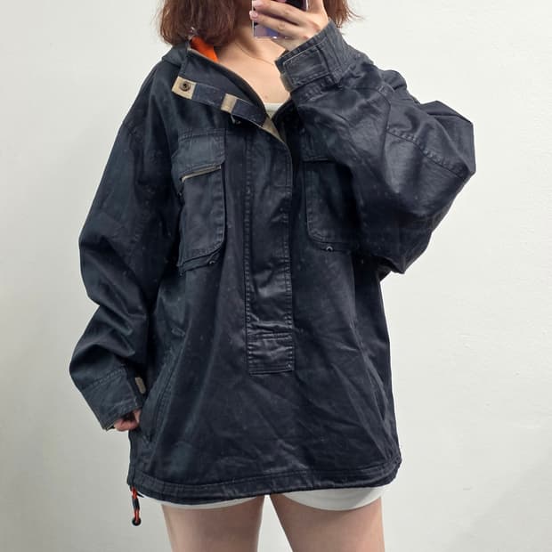 [프립]M/GAP 코팅 코튼 후드 아노락 자켓 네이비 오렌지