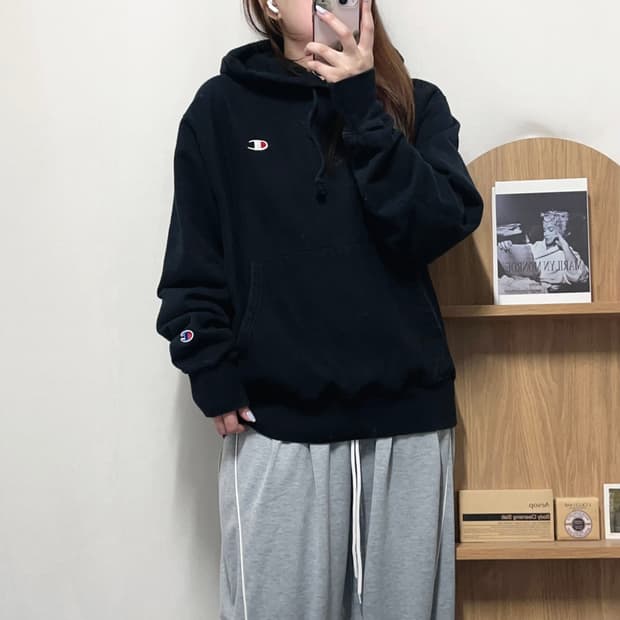 [정품] 챔피온 블랙 투로고 기모 후드티 [ M ]