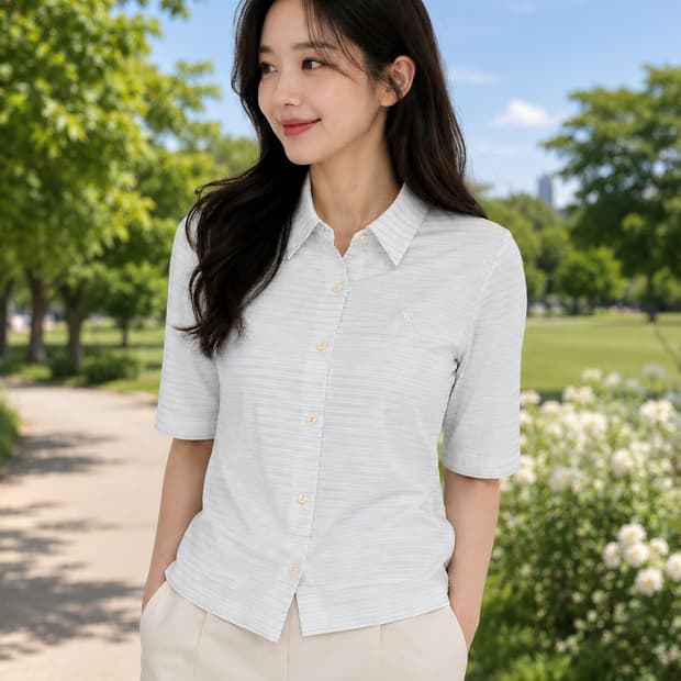 [정품] Courreges 9R 스카이블루 스트라이프 7부 셔츠