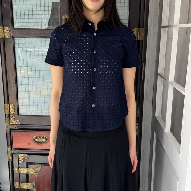 꼼 데 가르송 트리콧 AD2008 레이스 크롭 셔츠