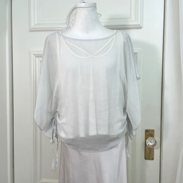 gray stripe shirring summer top&cotton l