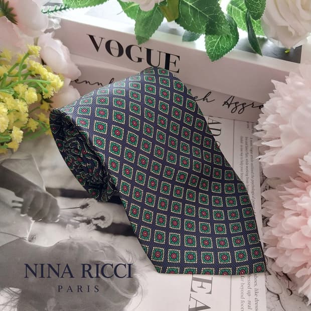 니나리치 실크 네이비&그린 다이아 넥타이 9.2cm A+등급 K1297
