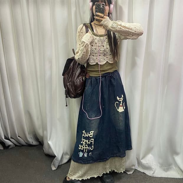 개대장 데님 롱 고양이 자수 모리걸 빈티지 코디 세트