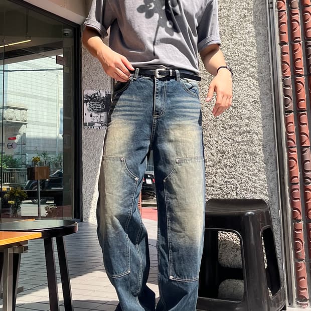 더블니 데님 팬츠 와이드 청바지