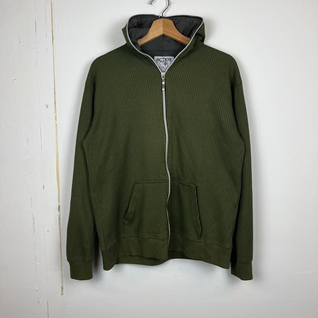 액션 카키색 와플 후드집업 L