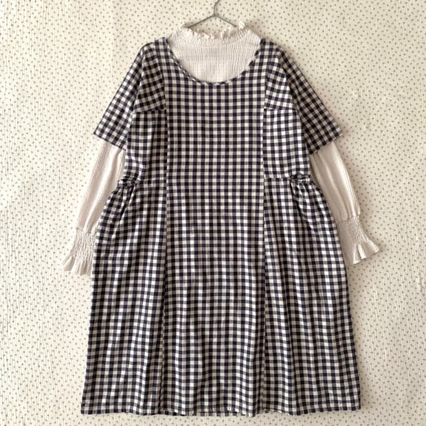 호박핏 네이비 체크 모리 롱원피스