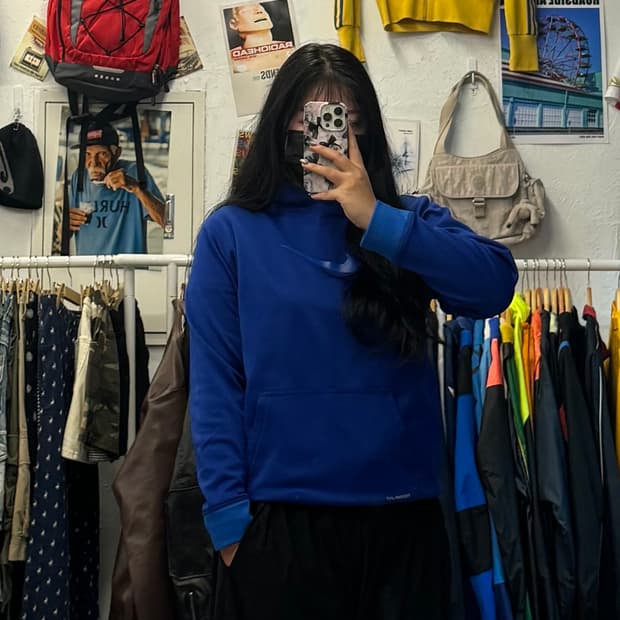 나이키 센터 로고 스우시 블루 스포츠 후드티 여성 XL