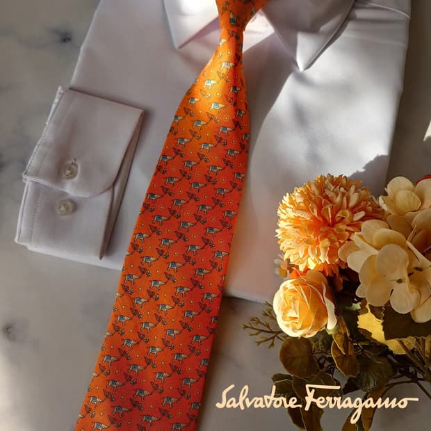페라가모 실크 오렌지 행운 모티브 넥타이 9.5cm A+등급 A19614