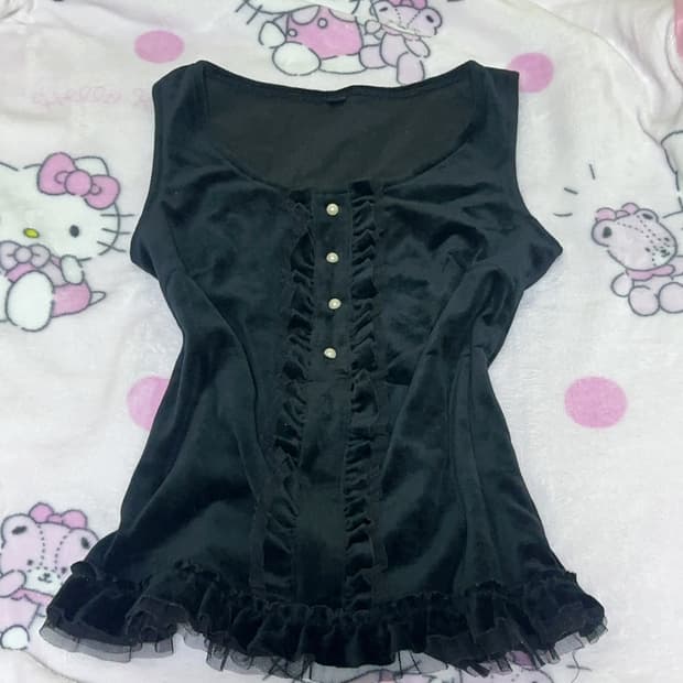 일브 니혼진 로걀 벨벳 프릴 진주 슬리브리스 탑 레이어드 로걀탑 오네갸루