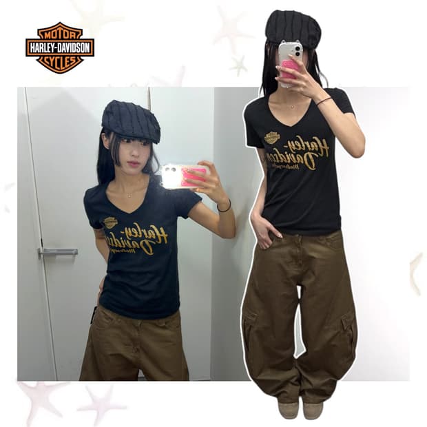 할리데이비슨 로고 스팽클 브이넥 반팔