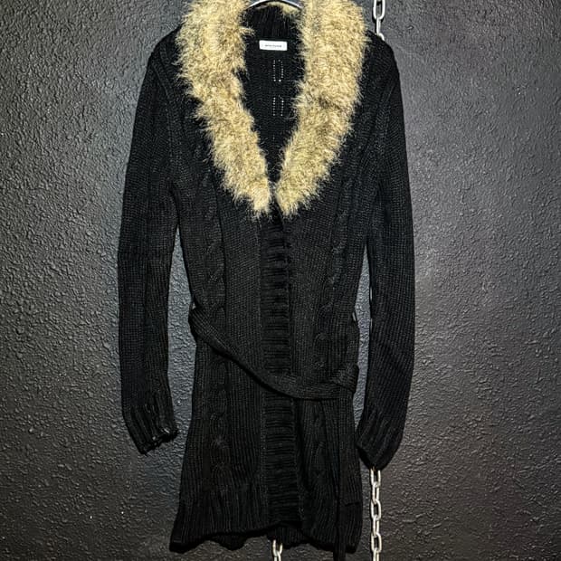 Fur Trim Black Long Knit Cardigan