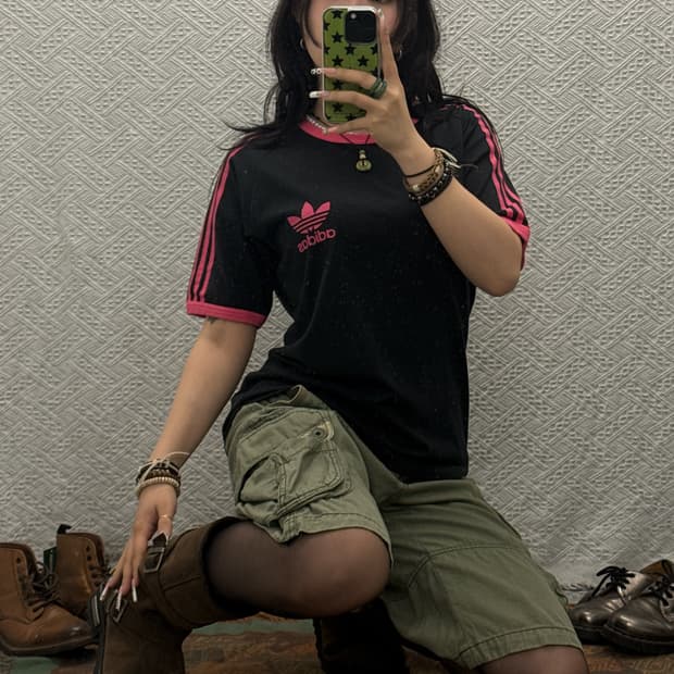 아디다스 Y2K 빈티지 블랙핑크 링거티 반팔티 K0192