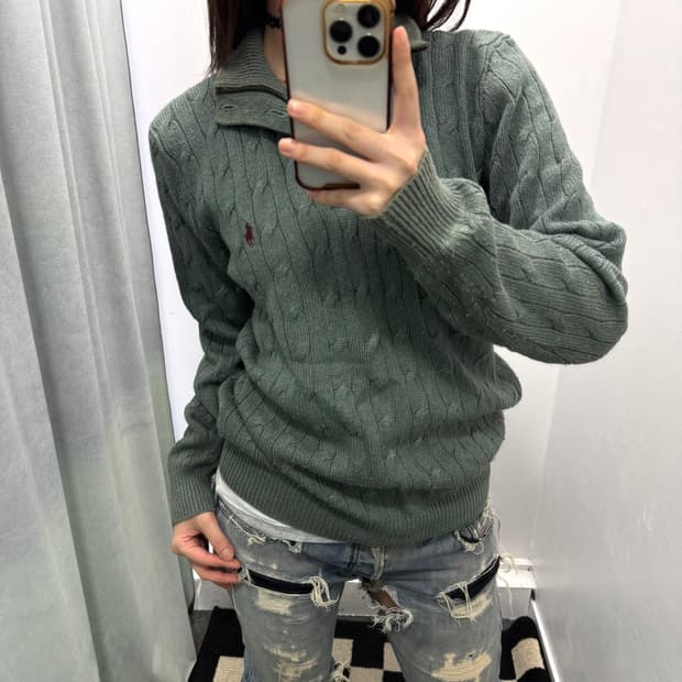 폴로 그린 케이블 반집업 니트